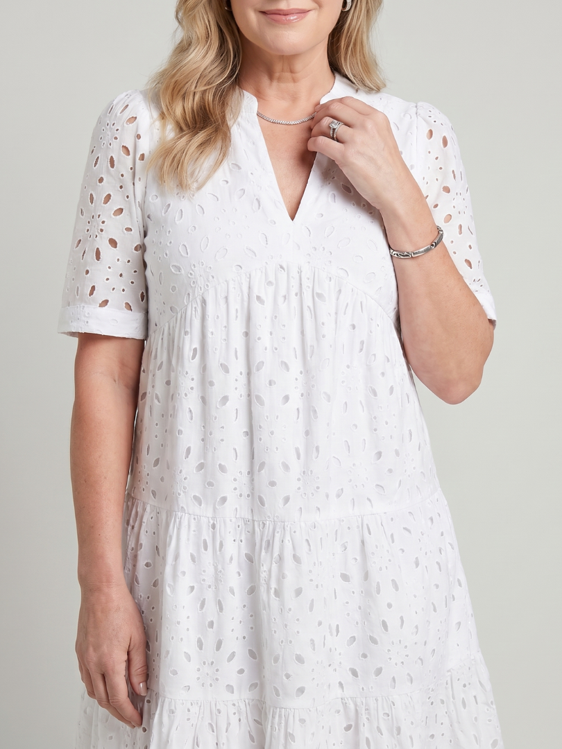 Isarina | Short Sleeve Eyelet Detail Knee Length Dress