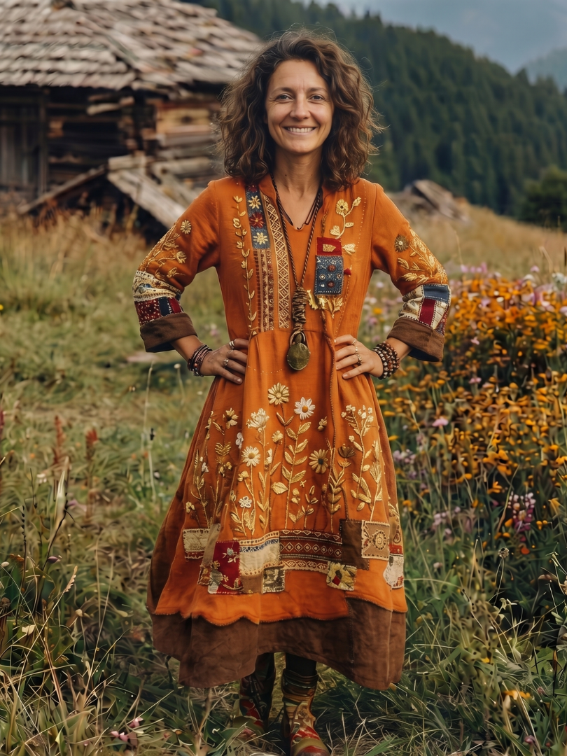 Fiodra | Embroidered Panel Long Sleeve Midi Dress