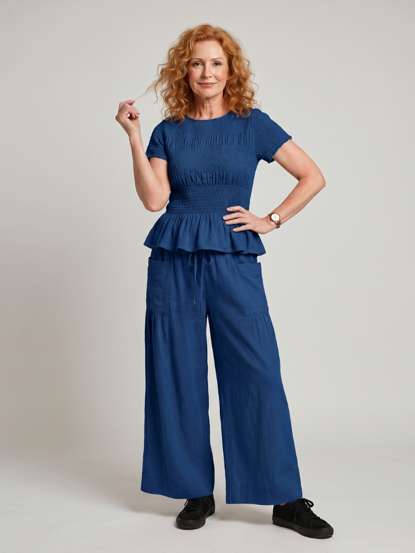 Selthea | Peplum Detail Smocked Top And Wide Leg Pants Set