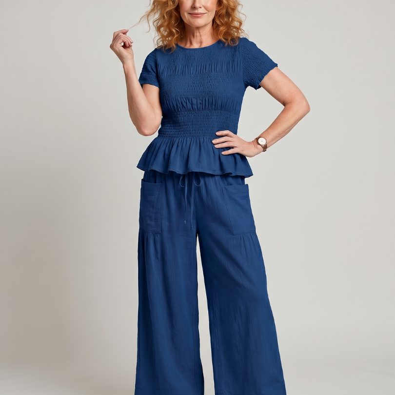 Selthea | Peplum Detail Smocked Top And Wide Leg Pants Set