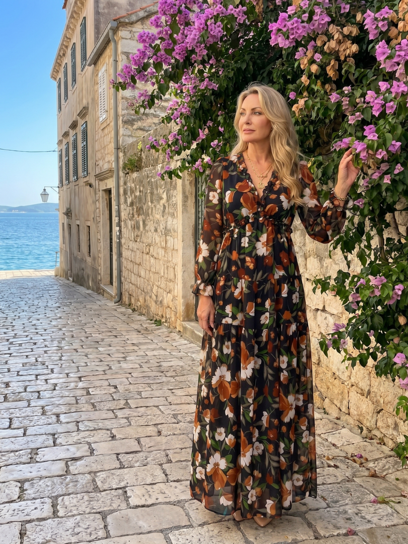 Tovawyn | Floral Print Long Sleeve Tiered Maxi Dress