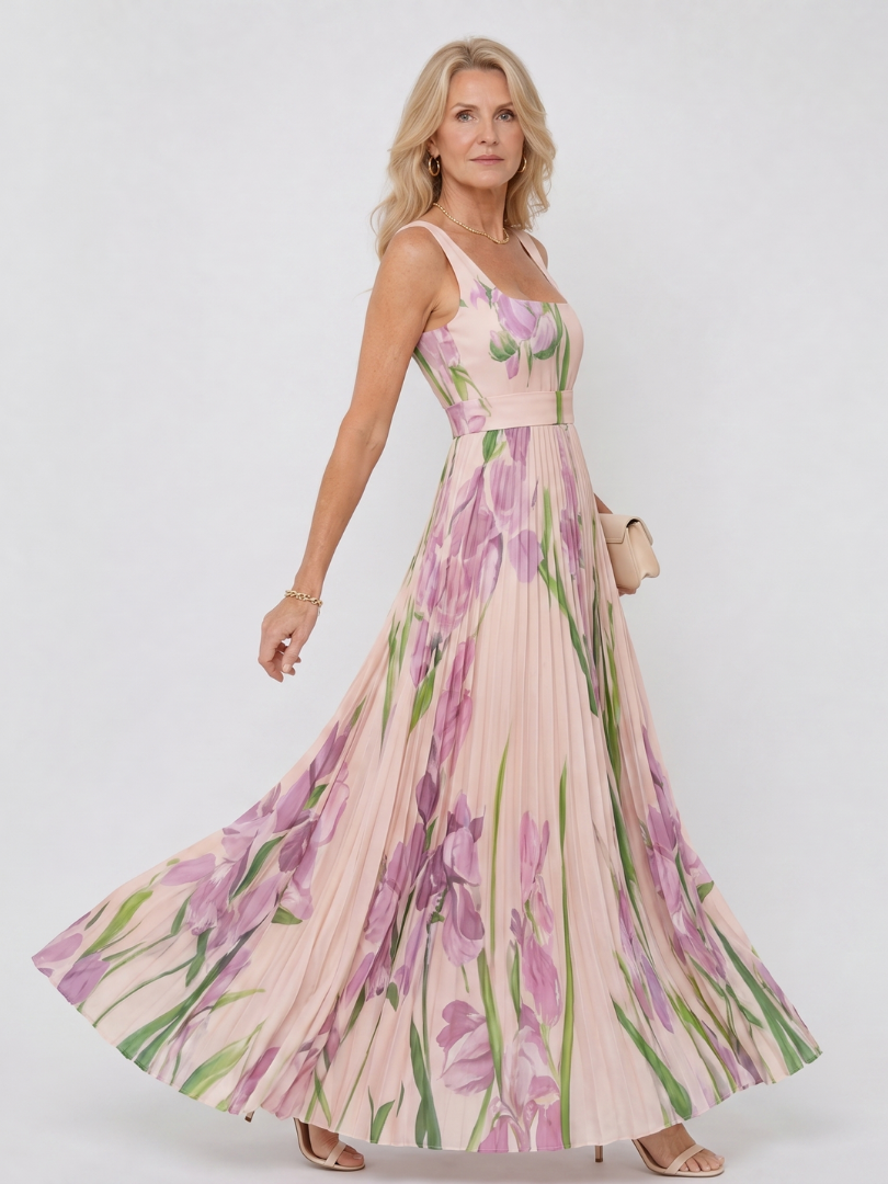 Camwen | Pleated Sleeveless Square Neck Midi Dress