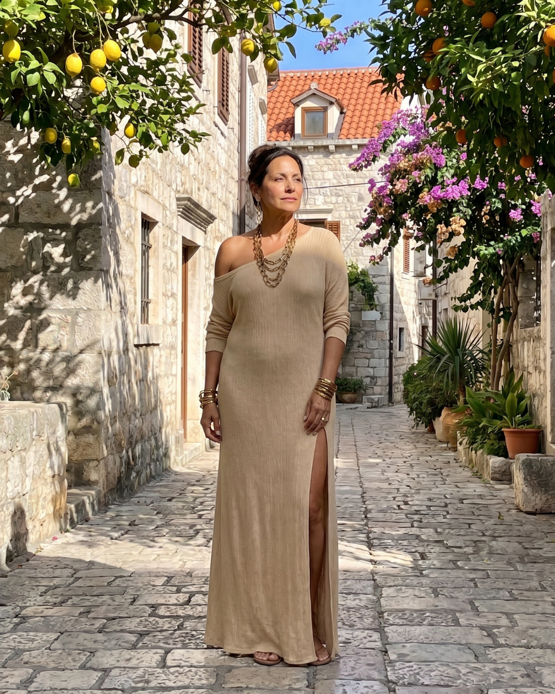 Mildra | One Shoulder Side Slit Flowing Midi Dress