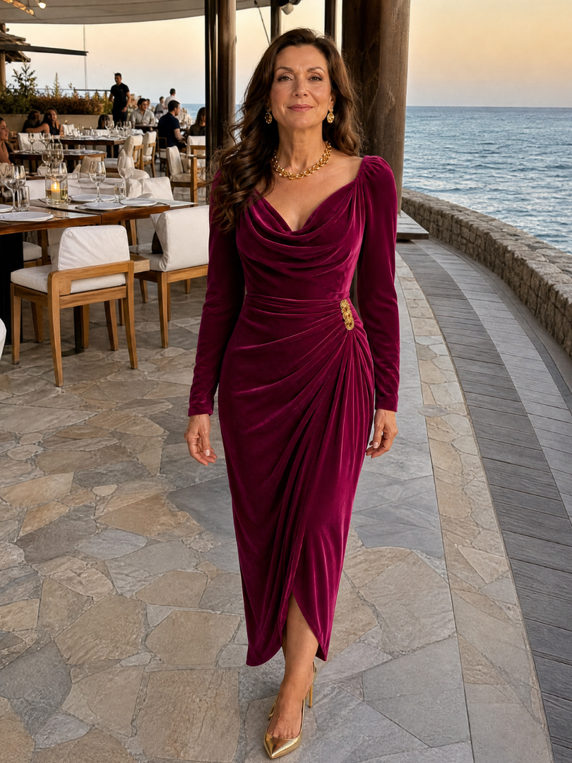 Zarrose | Draped Cowl Neck Satin Midi Dress