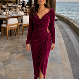 Zarrose | Draped Cowl Neck Satin Midi Dress