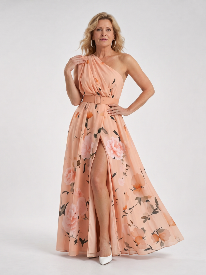 Dahina | Floral Print One Shoulder Belted Maxi Dress