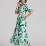 Larette | Puff Sleeve V Neck Abstract Print Midi Dress