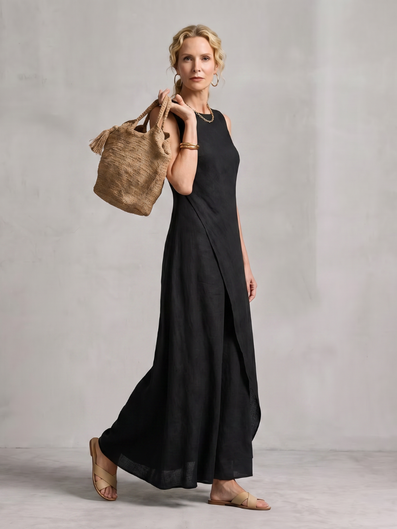 Corthea | Asymmetric Layered Round Neck Maxi Dress