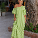 Faela | Striped Off Shoulder Puff Sleeve Midi Dress