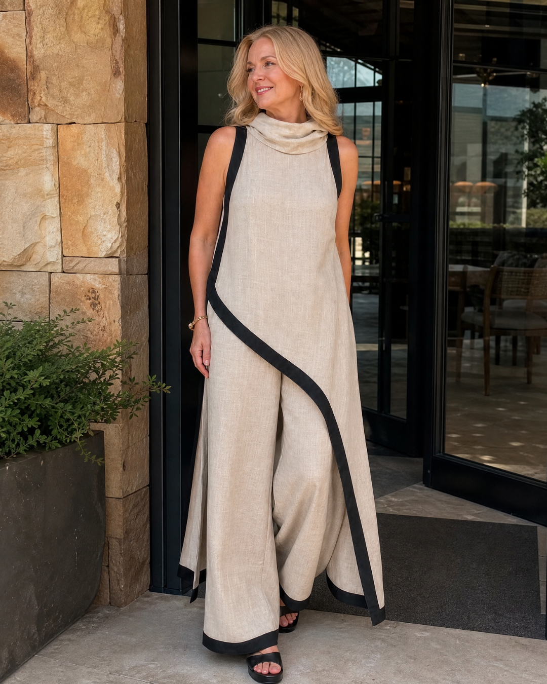 Tovarina | Contrast Trim Sleeveless Layered Top And Wide Leg Pants Set