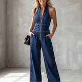 Maewyn | Zip Front Contrast Stitch Wide Leg Jumpsuit