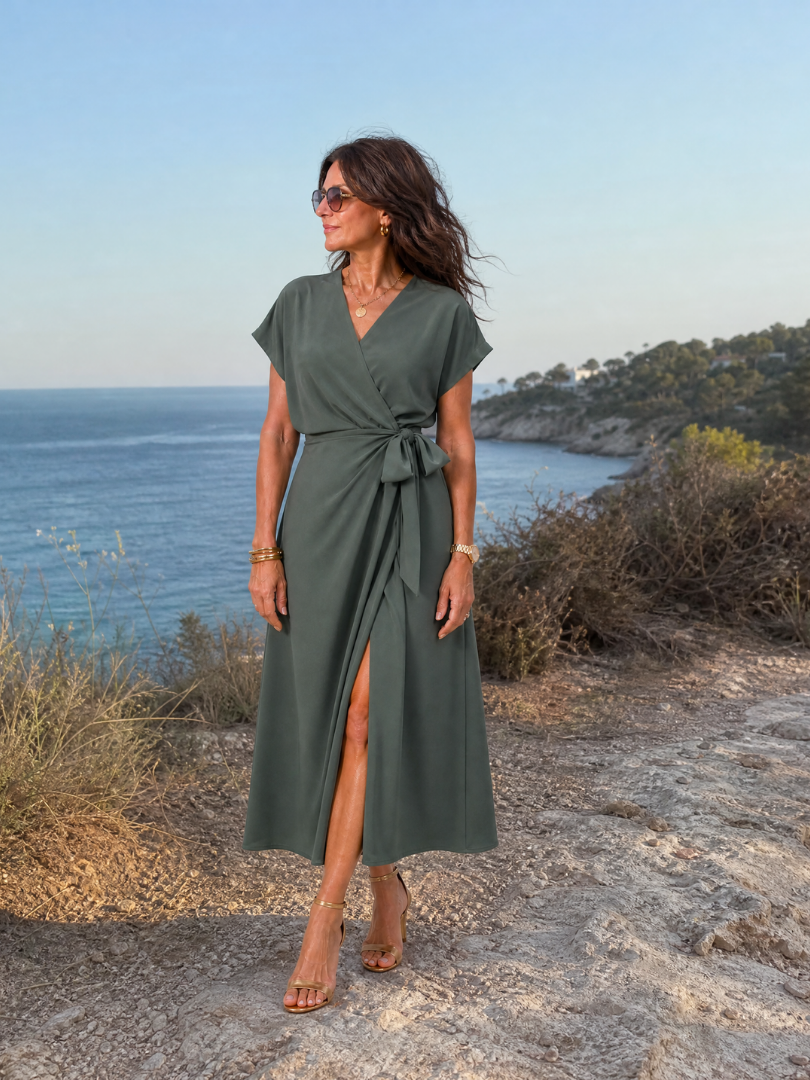 Romilia | Short Sleeve Wrap Tie Midi Dress