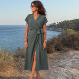 Romilia | Short Sleeve Wrap Tie Midi Dress