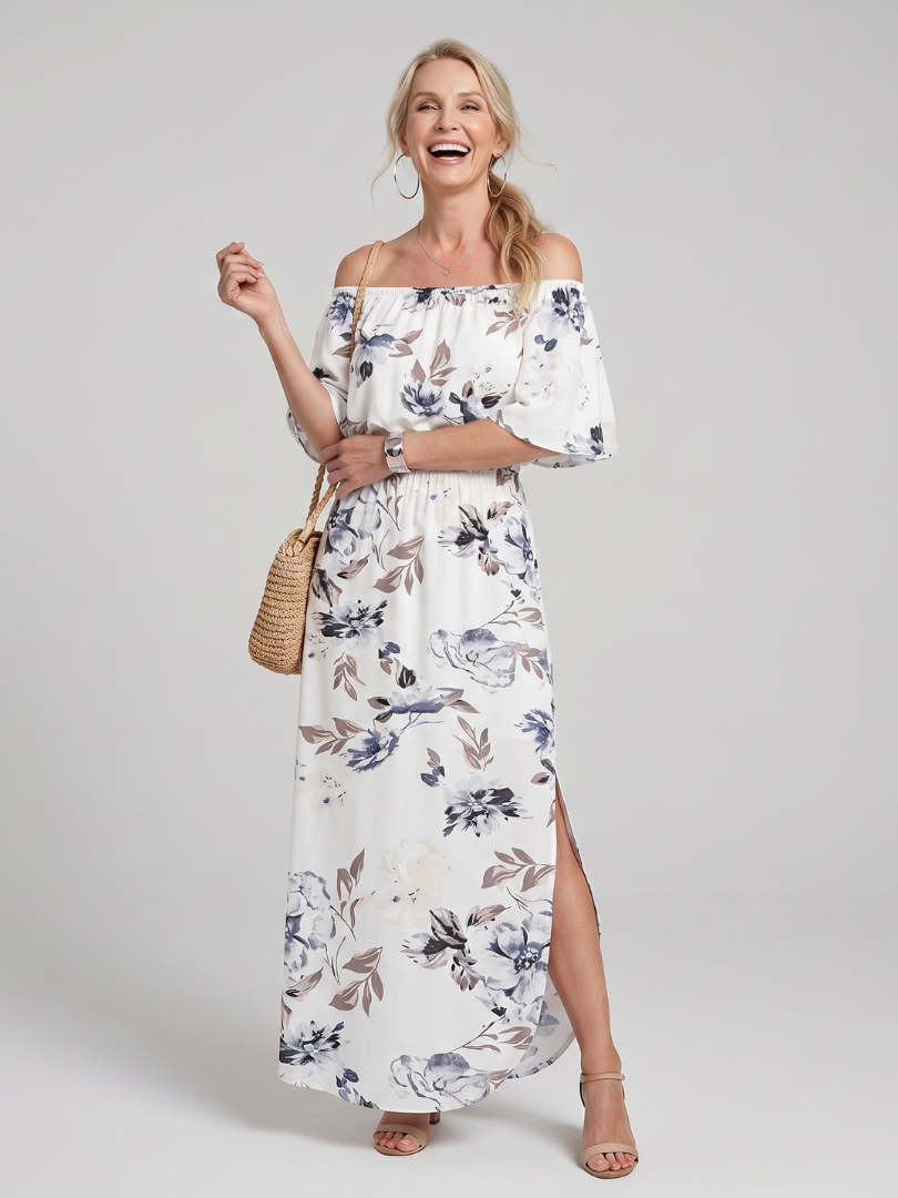 Orlalia | Off Shoulder Soft Floral Print Midi Dress