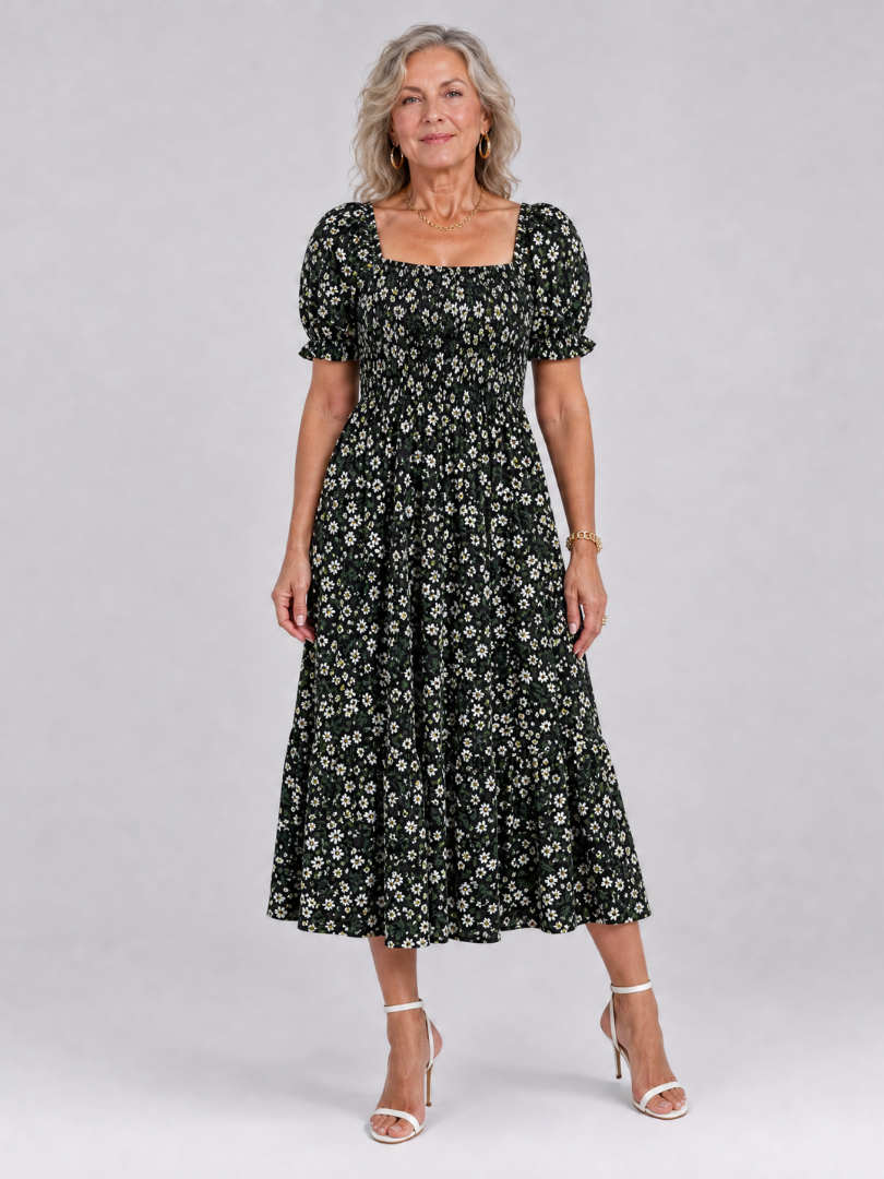 Serrina | Floral Smocked Square Neck Midi Dress