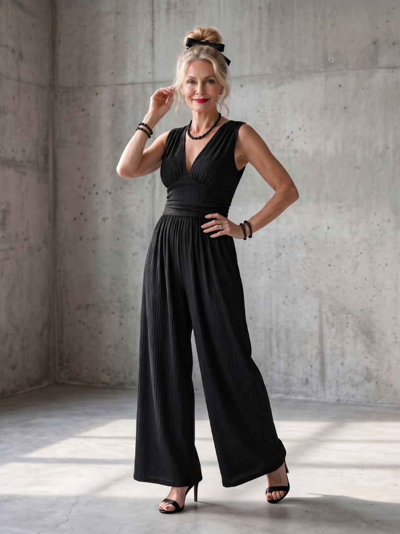 Renna | Deep V Waist Defined Wide Leg Jumpsuit