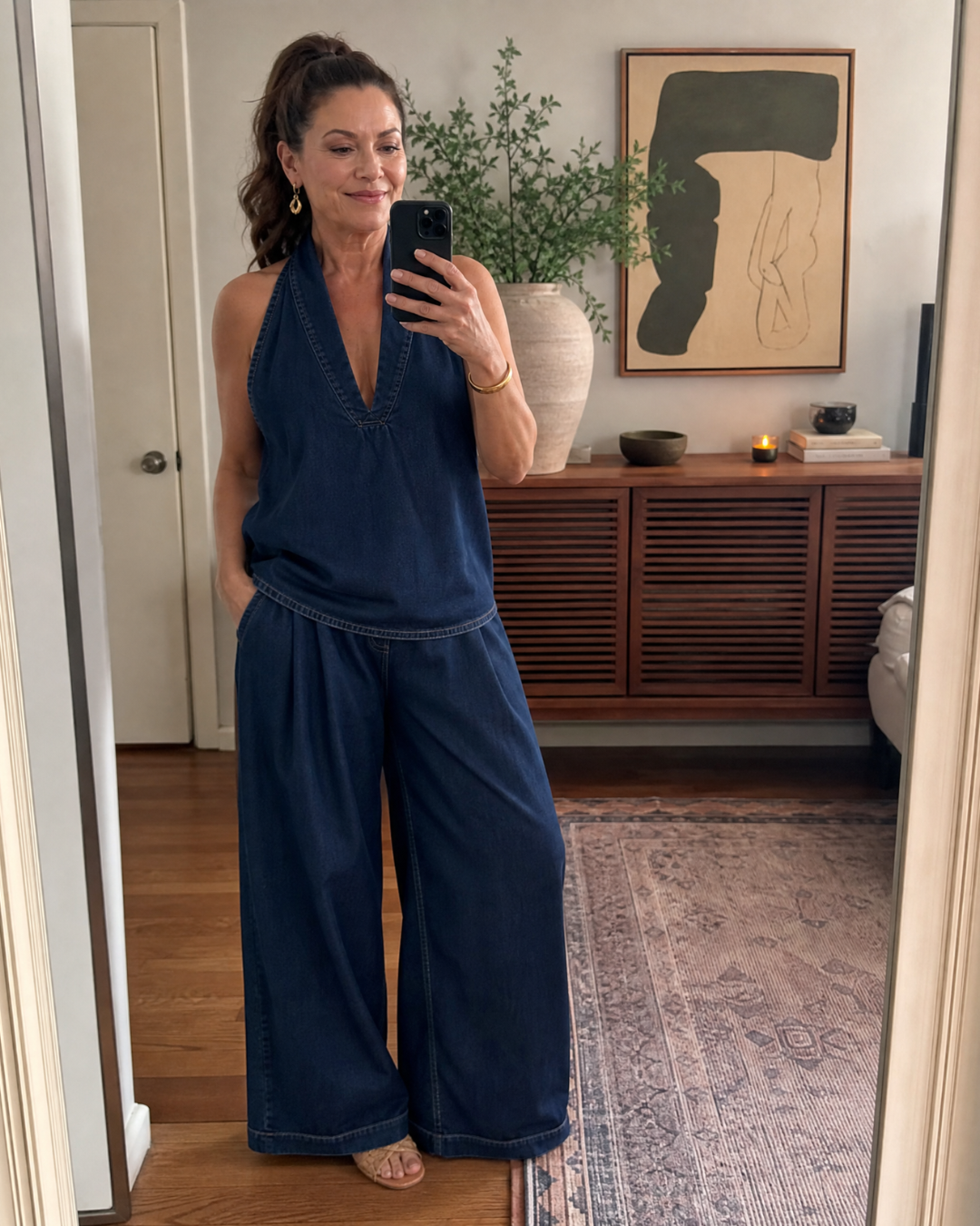 Tallyn | Halter Neck Denim Top And Wide Leg Pants Set