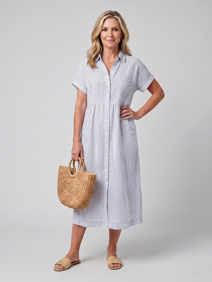 Roslora | Short Sleeve Stripe Pattern Midi Dress