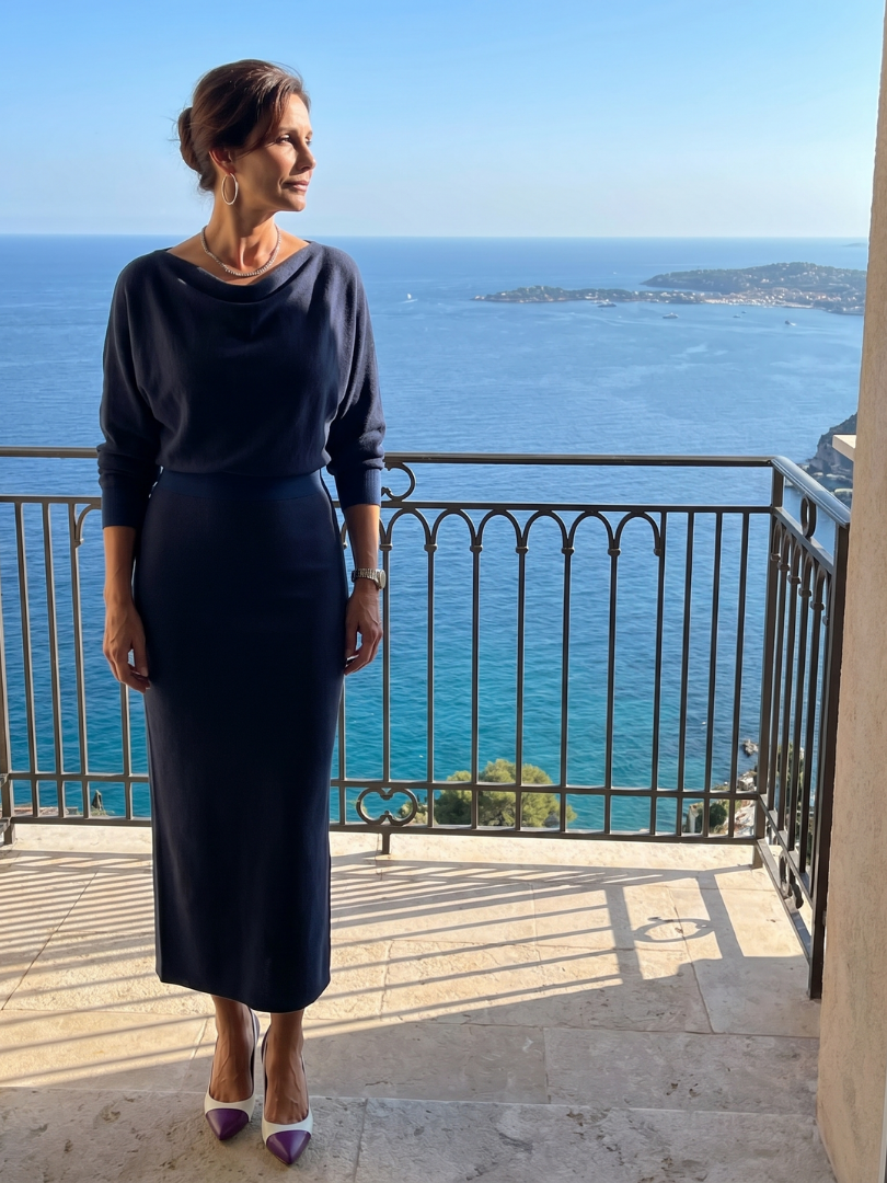 Saffwynne | Draped Neckline Fitted Skirt Midi Dress