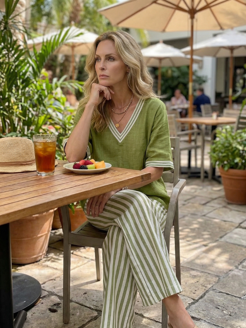 Penette | Contrast V Neck Tunic Stripe Trouser Set