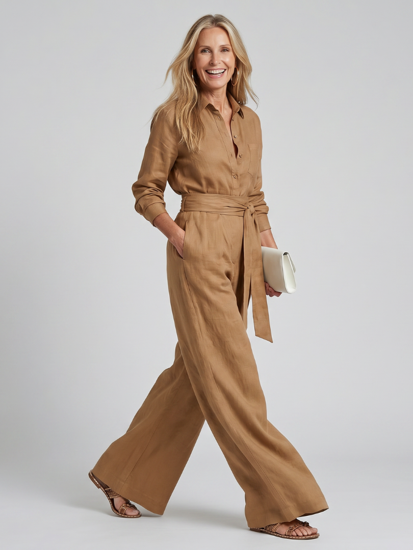 Marenney | Long Sleeve Button Front Wide Leg Jumpsuit