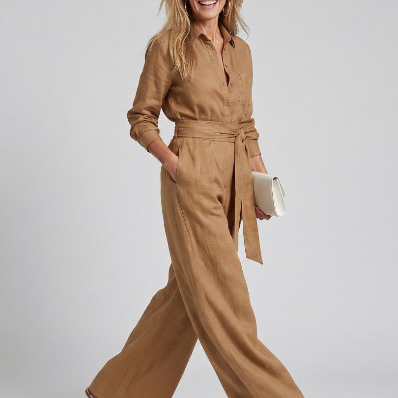 Marenney | Long Sleeve Button Front Wide Leg Jumpsuit