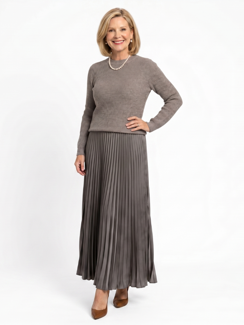 Serandra | Knit Top Pleated Skirt Midi Dress