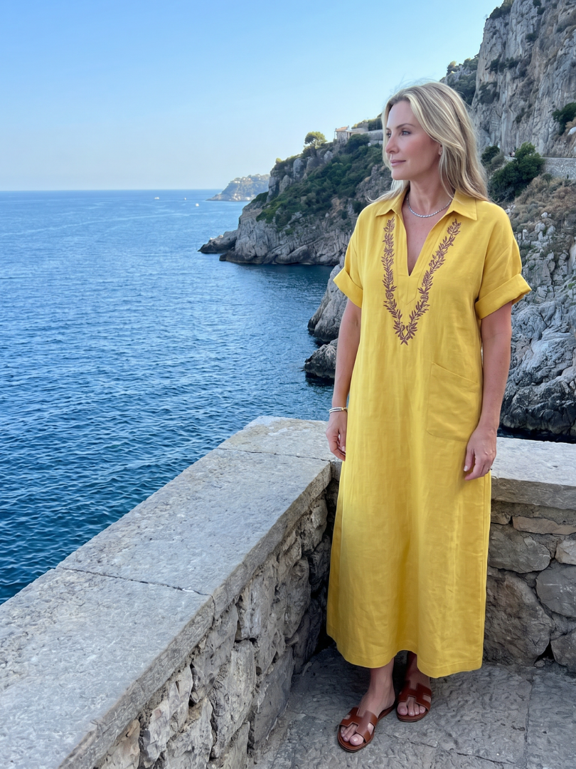 Kalthea | Short Sleeve V Neck  Embroidered Detail Midi Dress