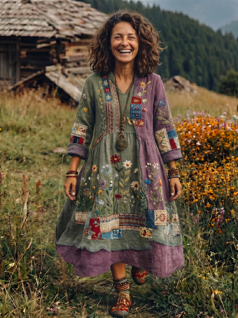 Fiodra | Embroidered Panel Long Sleeve Midi Dress