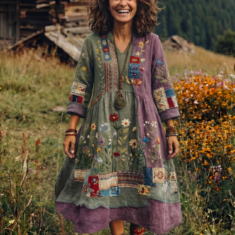 Fiodra | Embroidered Panel Long Sleeve Midi Dress