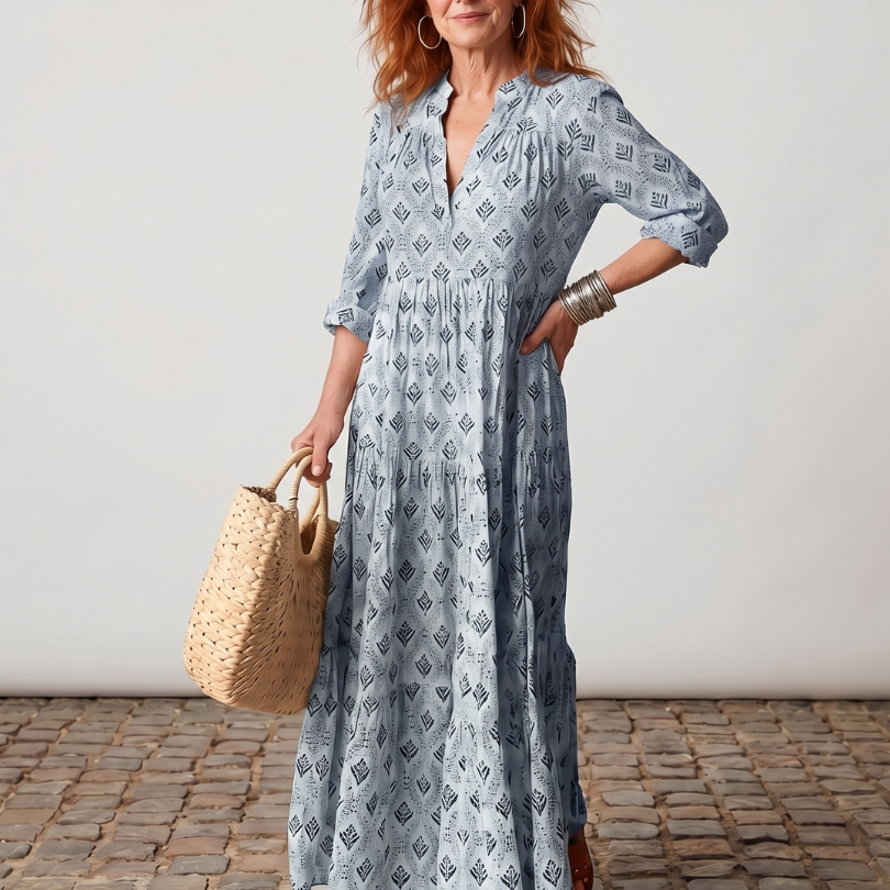 Teswen | Notch Neck Printed Long Sleeve Maxi Dress