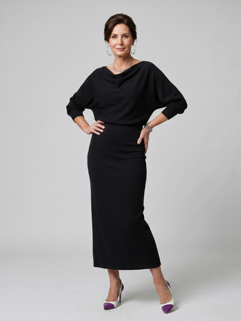 Saffwynne | Draped Neckline Fitted Skirt Midi Dress