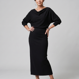 Saffwynne | Draped Neckline Fitted Skirt Midi Dress