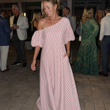 Faela | Striped Off Shoulder Puff Sleeve Midi Dress