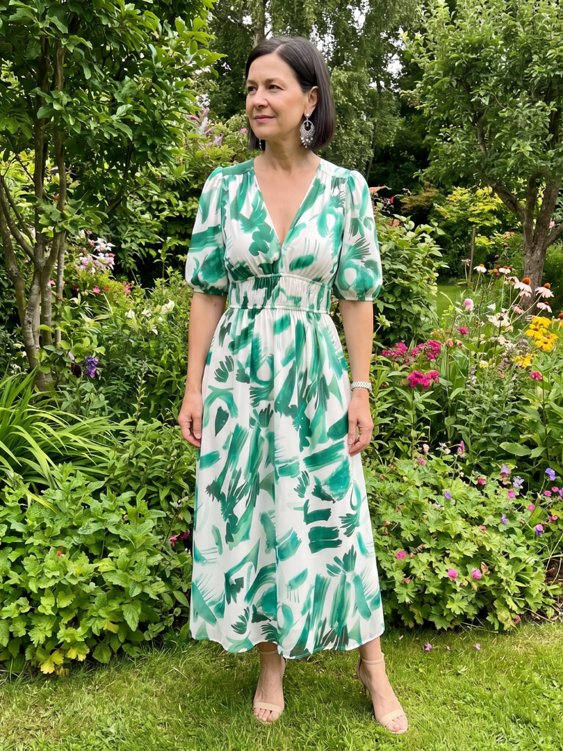 Larette | Puff Sleeve V Neck Abstract Print Midi Dress