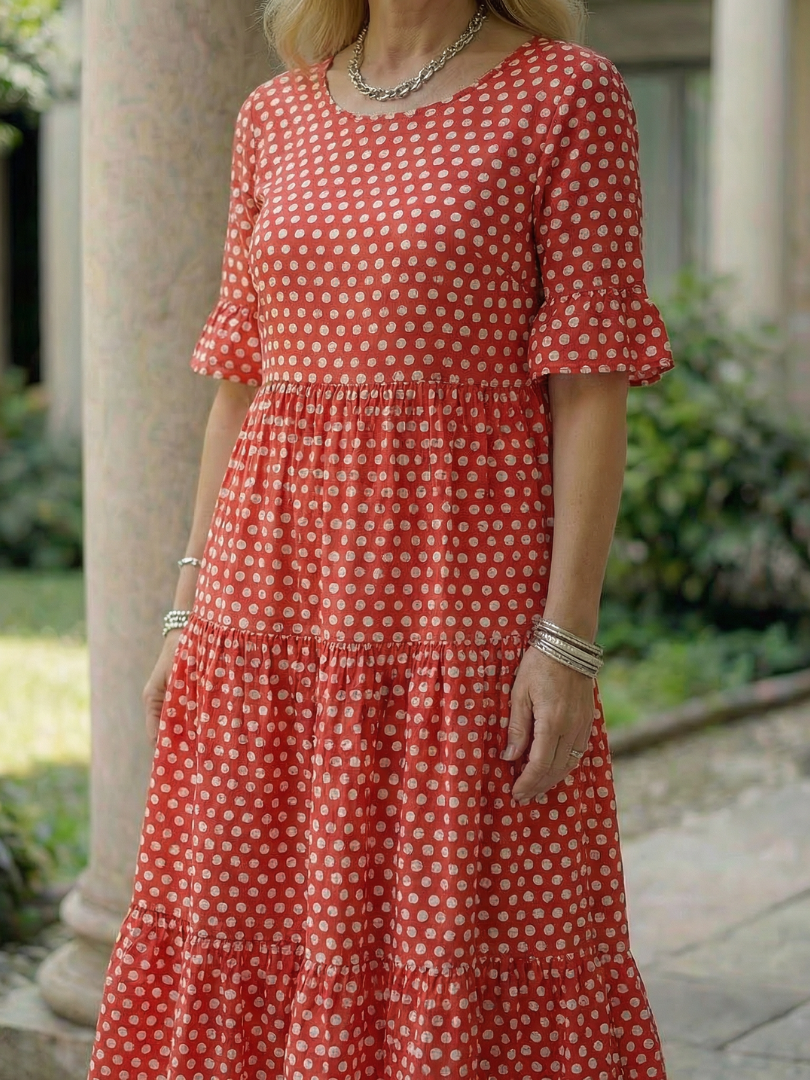 Thalwynne | Polka Dot Tiered Midi Dress Short Sleeve
