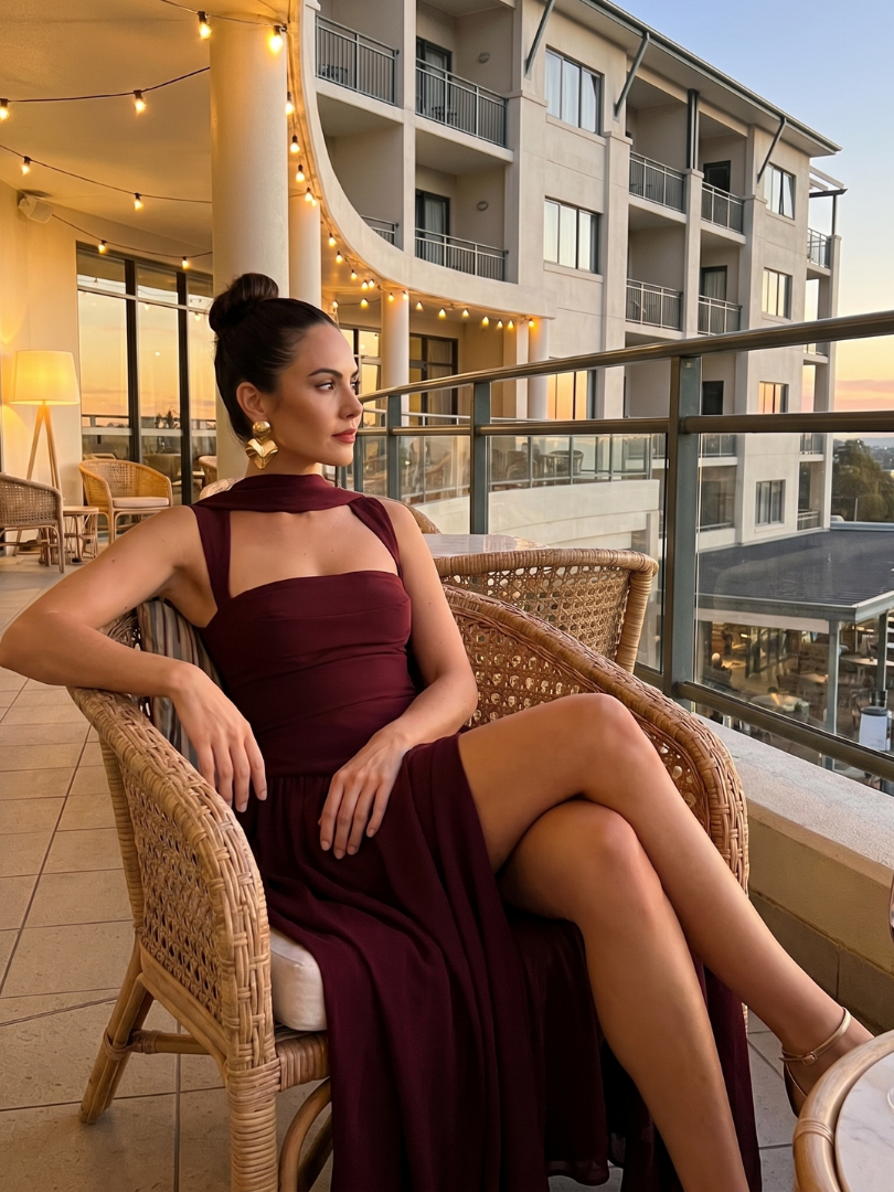 Fleurbelle | Cutout Neck Pleated Slit Maxi Dress