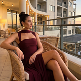 Fleurbelle | Cutout Neck Pleated Slit Maxi Dress