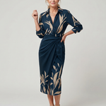 Dahine | Long Sleeve Collared Wrap Stripe Pattern Midi Dress