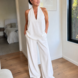 Tallyn | Halter Neck Denim Top And Wide Leg Pants Set