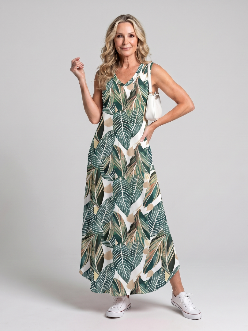 Tesmarie | Sleeveless Tropical Leaf Print Midi Dress