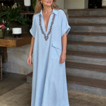 Faera | Embroidered V Neck Pocket Detail Relaxed Midi Dress