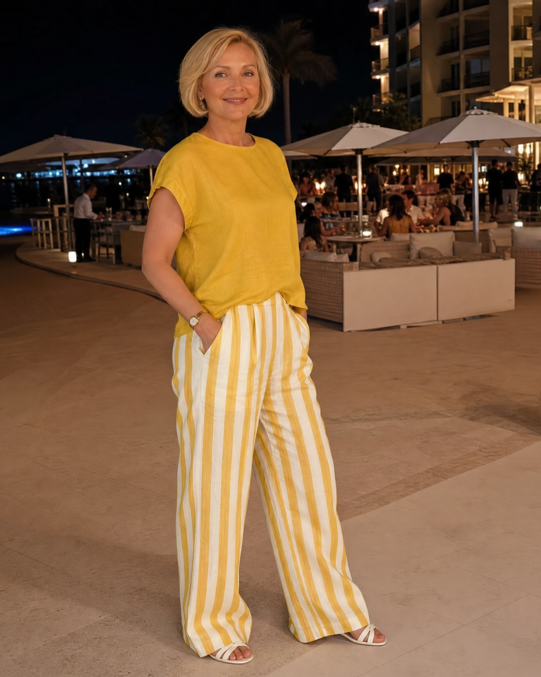 Magdara | Linen Blend Top And Striped Wide Leg Pants Set