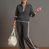 Della | Zip Neck Long Sleeve Side Stripe Leg Pants Set