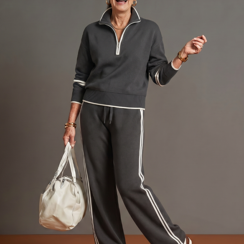 Della | Zip Neck Long Sleeve Side Stripe Leg Pants Set