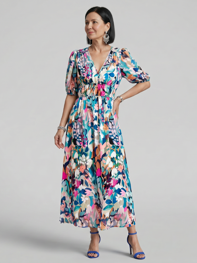 Larette | Puff Sleeve V Neck Abstract Print Midi Dress