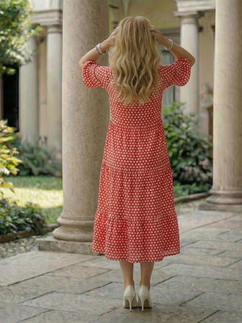 Thalwynne | Polka Dot Tiered Midi Dress Short Sleeve