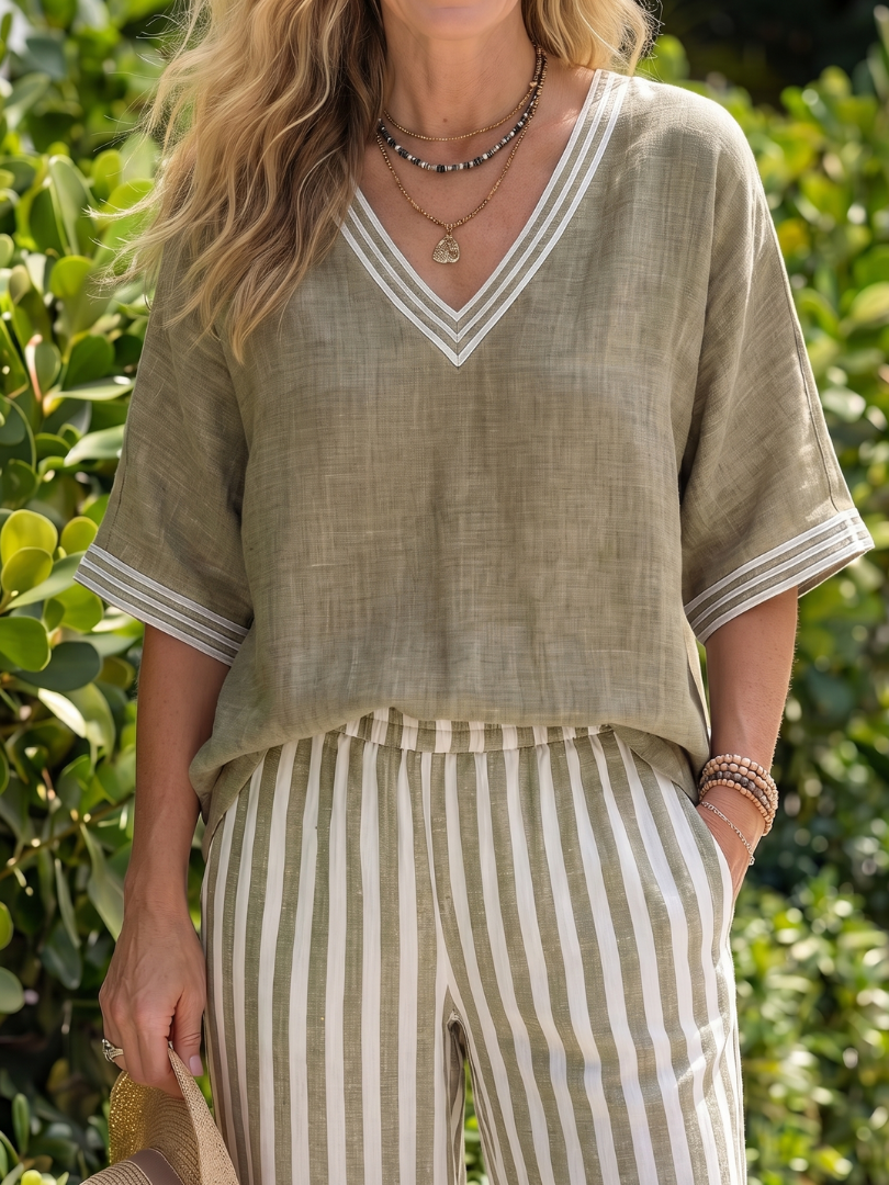 Penette | Contrast V Neck Tunic Stripe Trouser Set