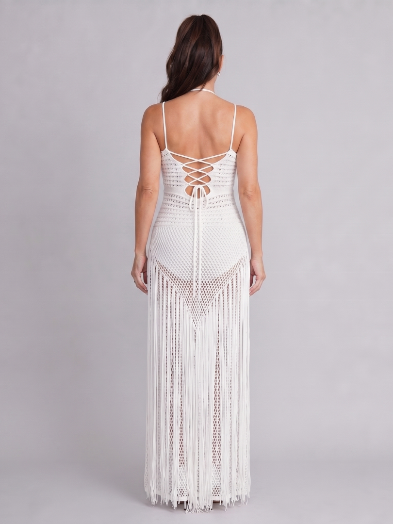 Renwyn | Halter Neck Crochet Fringe Detail Maxi Dress