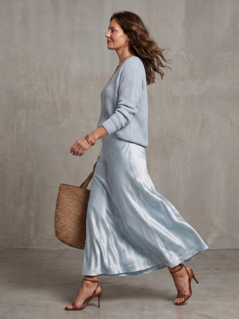 Lunwyn | Bias Fall Satin Skirt Knit Layer Set